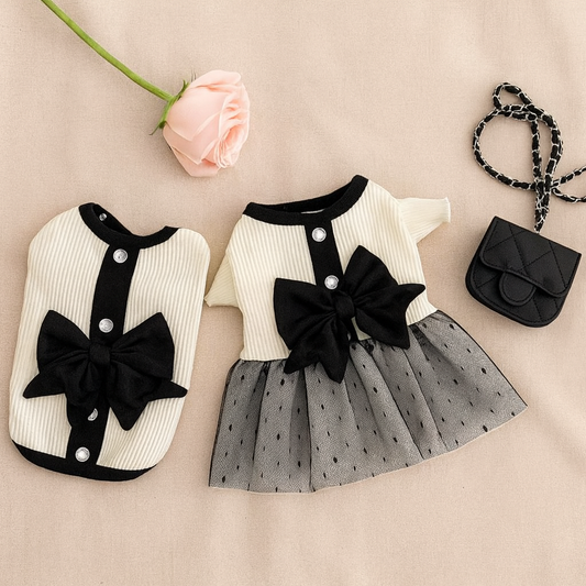 Elegant Summer Dog Dress with Bow – Black & White Lace Skirt for Pomeranians and Small Dogs