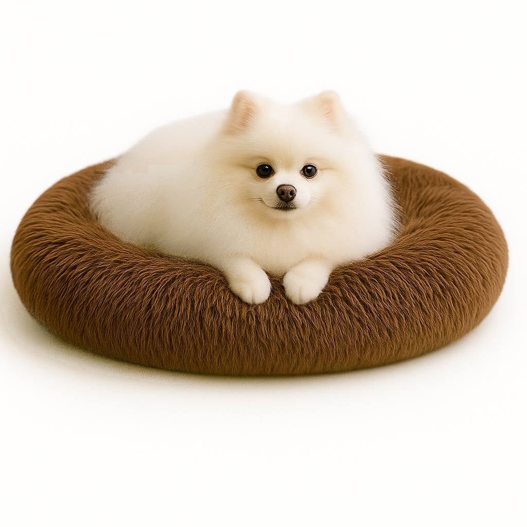 Calming Donut Cat & Dog Bed for Small Dogs, Faux Fur Plush round Dog Bed, Anti-Anxiety Waterproof Anti-Slip, Brown, 20ร20ร8 Inches