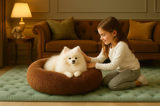 Calming Donut Cat & Dog Bed for Small Dogs, Faux Fur Plush round Dog Bed, Anti-Anxiety Waterproof Anti-Slip, Brown, 20×20×8 Inches