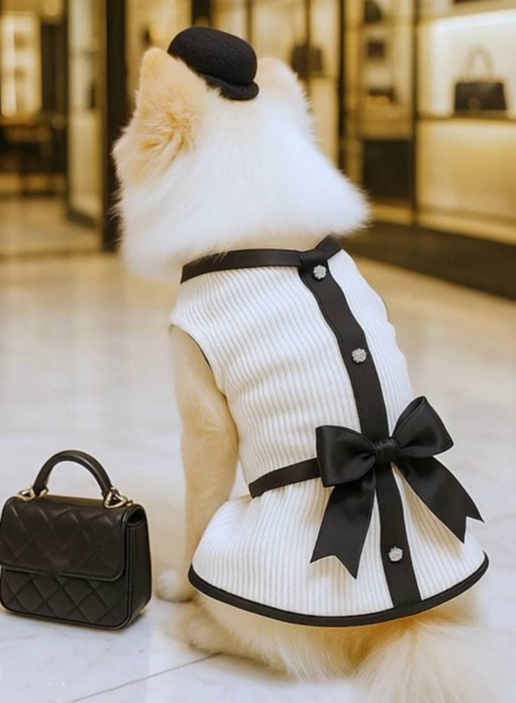 Elegant Summer Dog Dress with Bow – Black & White Lace Skirt for Pomeranians and Small Dogs