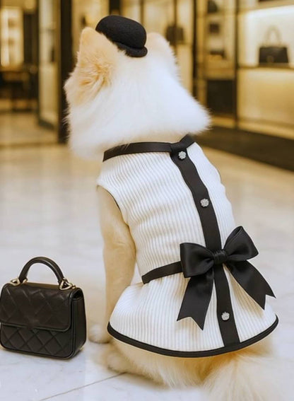 Elegant Summer Dog Dress with Bow – Black & White Lace Skirt for Pomeranians and Small Dogs