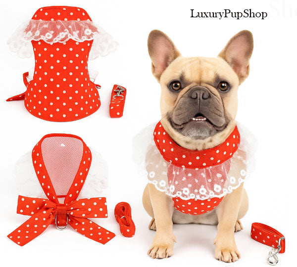 Luxury Red Lace Dog Harness with Bow & Leash – Elegant Pet Outfit