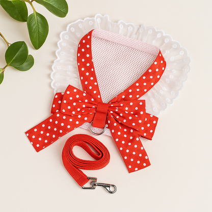 Luxury Red Lace Dog Harness with Bow & Leash – Elegant Pet Outfit