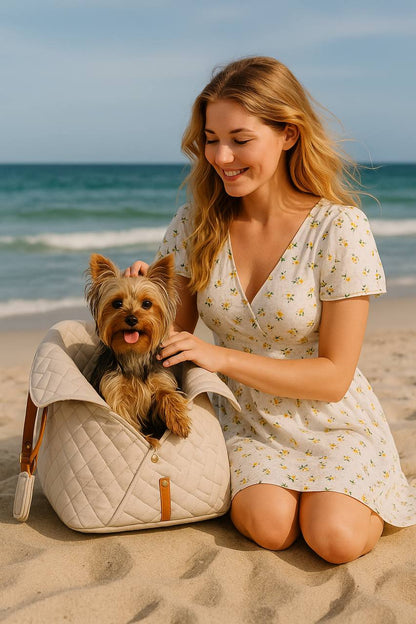 Small Dog Purse Carrier Bag – 2 in 1 Car Safety Seat & Travel Tote, Lightweight Cozy Pet Bed for Puppies, Cats & Small Pets – Cream Beige