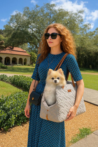 Small Dog Purse Carrier Bag – 2 in 1 Car Safety Seat & Travel Tote, Lightweight Cozy Pet Bed for Puppies, Cats & Small Pets – Cream Beige