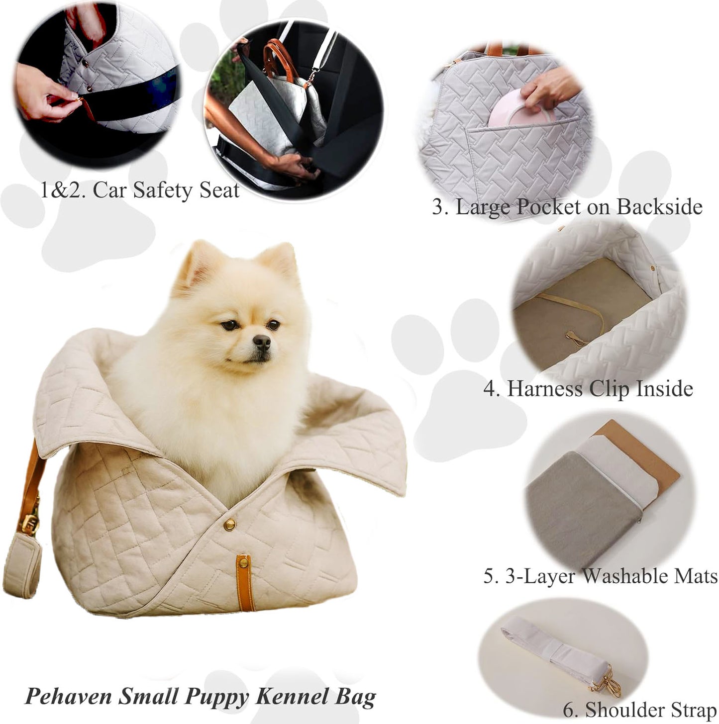 Small Dog Purse Carrier Bag – 2 in 1 Car Safety Seat & Travel Tote, Lightweight Cozy Pet Bed for Puppies, Cats & Small Pets – Cream Beige