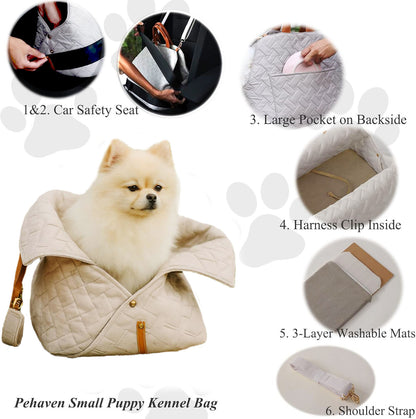 Small Dog Purse Carrier Bag – 2 in 1 Car Safety Seat & Travel Tote, Lightweight Cozy Pet Bed for Puppies, Cats & Small Pets – Cream Beige