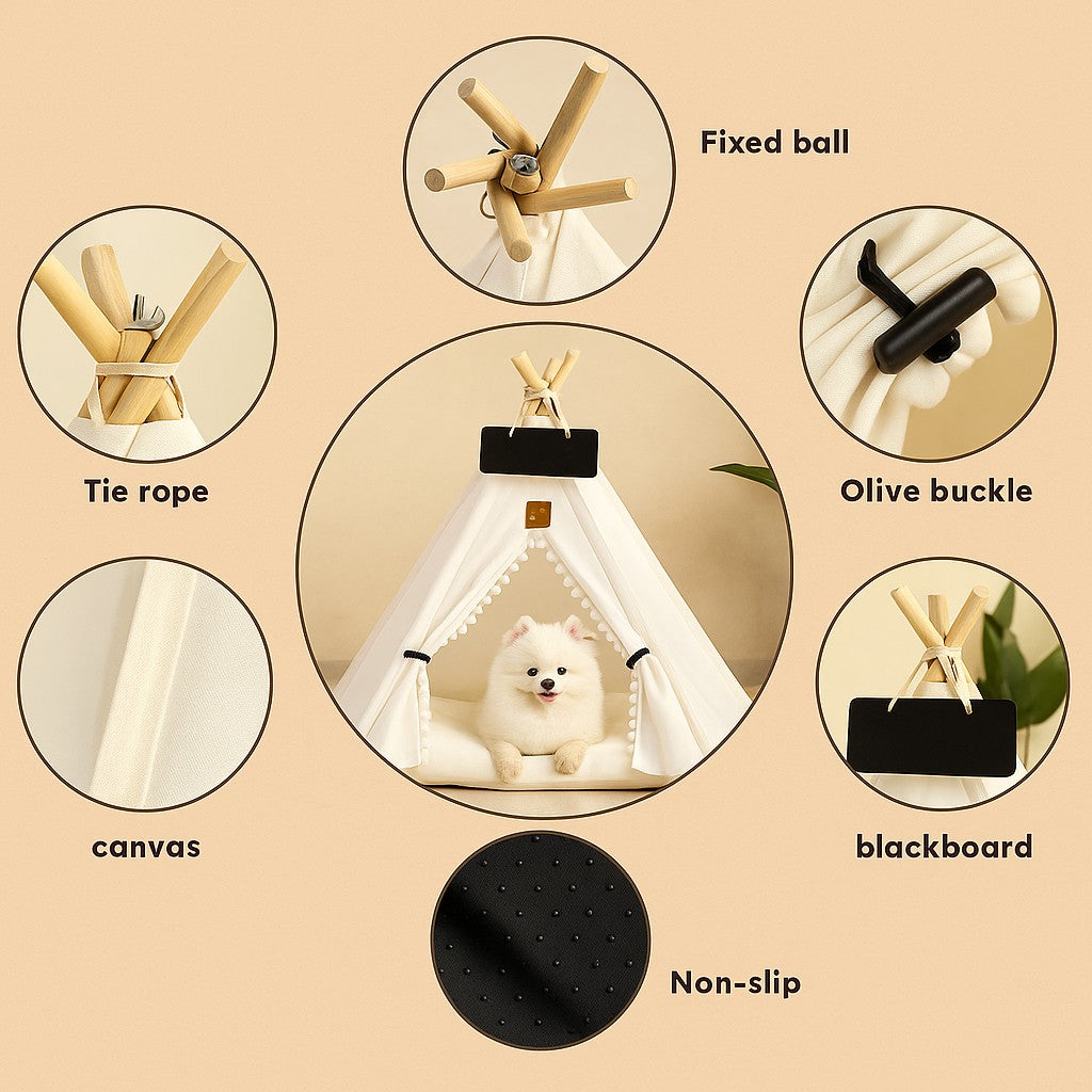 Portable Pet Teepee Tent for Cats and Dogs Indoor Pet House with Washable Cushion Small Dog Bed Cute Puppy Play Tent with Blackboard