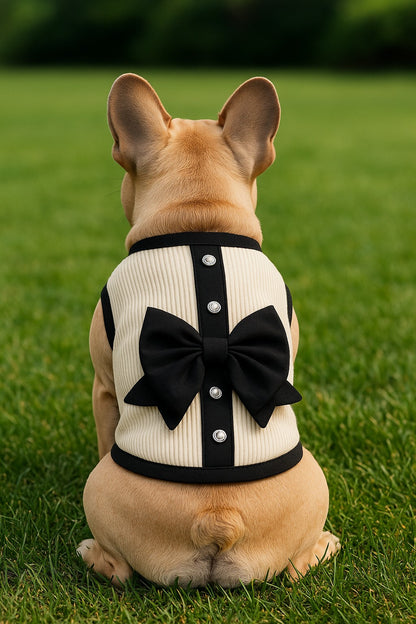 Elegant Summer Dog Dress with Bow – Black & White Lace Skirt for Pomeranians and Small Dogs