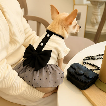 Elegant Summer Dog Dress with Bow – Black & White Lace Skirt for Pomeranians and Small Dogs